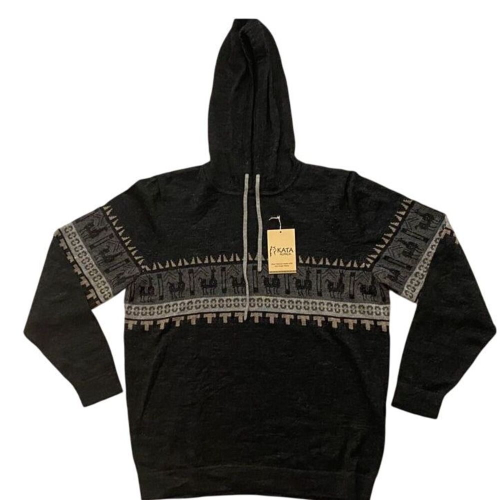 NWT KATA Alpaca MED Black Hooded Sweater Geometric Tribal Pattern Pullover